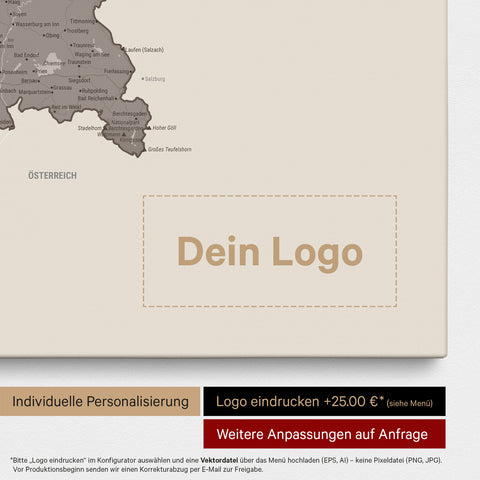 Deutschland-Karte als Pinn-Leinwand in Warmgray (Braun-Grau) mit Eindruck eines Firmenlogos