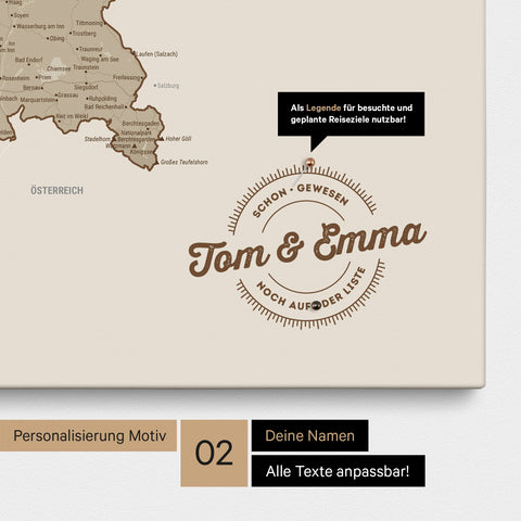 Pinnwand Leinwand einer Deutschlandkarte in Farbe Desert Sand (Beige) mit personalisiertem Eindruck von Namen und einer Legende zum Markieren