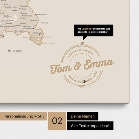 Pinnwand Leinwand einer Deutschlandkarte in Farbe Gold mit personalisiertem Eindruck von Namen und einer Legende zum Markieren