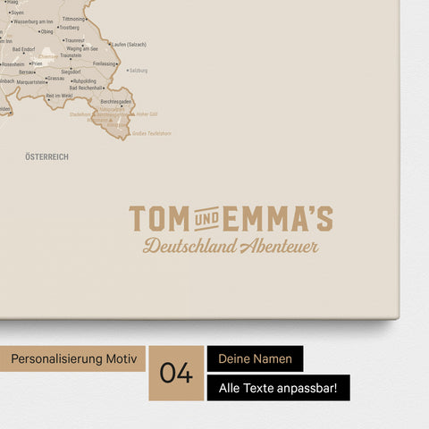 Deutschland-Karte als Pinn-Leinwand in Gold mit eingedruckten Logo im Vintage-Look