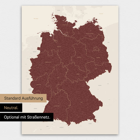 Neutrale und schlichte Standard-Ausführung einer Deutschland-Karte als Poster in Bordeaux Rot