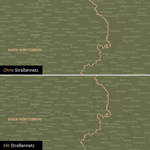 Deutschland-Karte Poster in Olivgrün wahlweise mit oder ohne Straßennetz