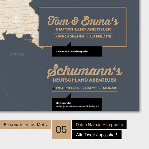 Poster einer Deutschland-Karte in Hale Navy mit Personalisierung als Logo mit Familiennamen