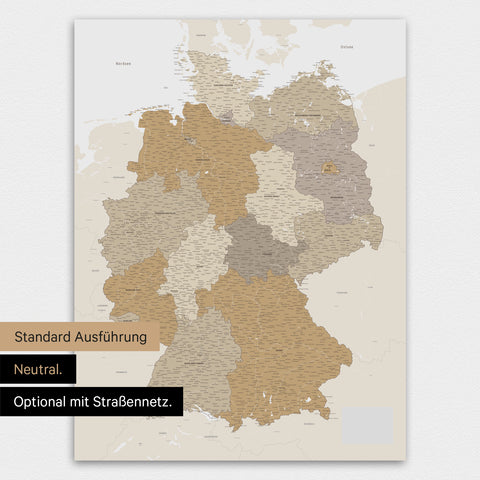 Poster premium con mappa della Germania TRAVEL® – Multicolore beige