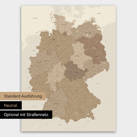 Poster premium con mappa della Germania TRAVEL® – Multicolore marrone