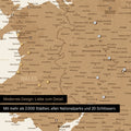 Ausschnitt einer magnetischen England & Irland-Karte, auf der Magnete viele Reiseziele markieren