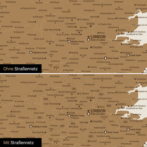 Mappa dell'Inghilterra (Gran Bretagna) e Irlanda TRAVEL® Mappa da puntine – Bronzo