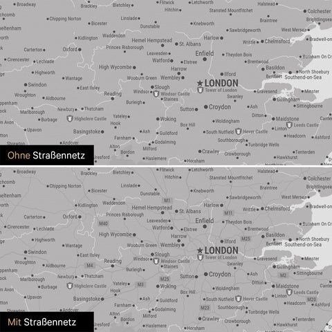 Mappa dell'Inghilterra (Gran Bretagna) e Irlanda TRAVEL® Mappa da puntine – Grigio freddo