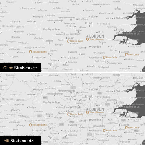Mappa dell'Inghilterra (Gran Bretagna) e Irlanda TRAVEL® Mappa da puntine – Grigio scuro