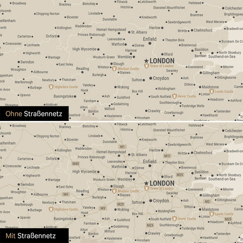 Mappa dell'Inghilterra (Gran Bretagna) e Irlanda TRAVEL® Mappa da puntine – Oro