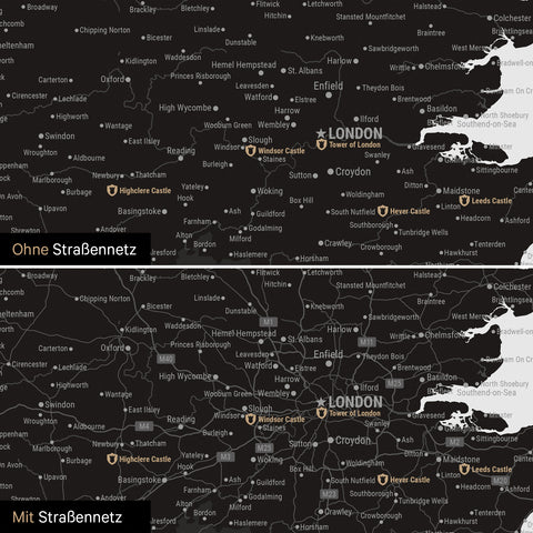 Mappa dell'Inghilterra (Gran Bretagna) e Irlanda TRAVEL® Mappa da puntine – Nero chiaro
