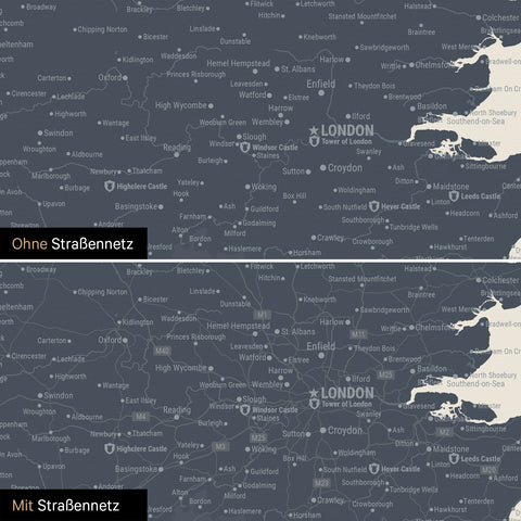 Mappa dell'Inghilterra (Gran Bretagna) e Irlanda TRAVEL® Mappa da puntine – Navy Light
