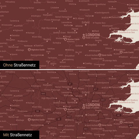 Mappa dell'Inghilterra (Gran Bretagna) e Irlanda TRAVEL® Mappa da puntine – Bordeaux rosso