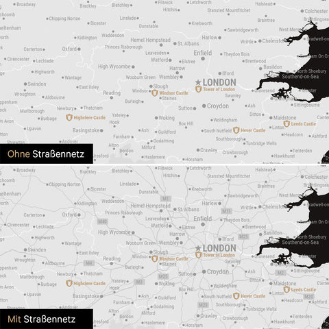 Mappa dell'Inghilterra (Gran Bretagna) e Irlanda TRAVEL® Mappa da puntine – Nero scuro