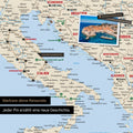 Moderne Europa Landkarte in der Farbe Multicolor Classic als Pinn-Leinwand zeigt einen Ausschnitt von Italien, Kroatien und Griechenland, in der bereits besuchte Reiseziele durch Pins markiert sind 