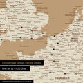 Europa Landkarte in Treasure Gold als Leinwand zum Pinnen zeigt einen Ausschnitt von England, Frankreich und Belgien mit vielen Details wie Nationalparks, Flüssen und zahlreichen kleinen Orten und Städten, die teilweise mit Pins markiert sind