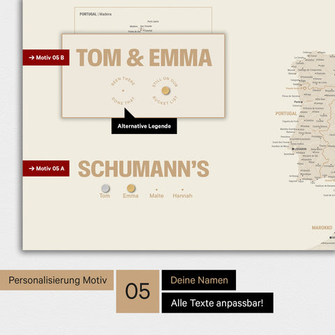 Magnetische Europa-Karte in einem modernen Design in Gold als Magnetboard mit Personalisierung als Logo mit einer Weltkugel