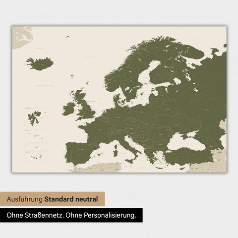 Neutrale und schlichte Ausführung einer magnetischen Europakarte in Olive Green
