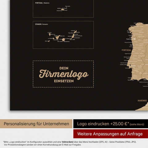 Mappa dell’Europa TRAVEL® su lavagna magnetica – Nero sonar (Nero-oro)