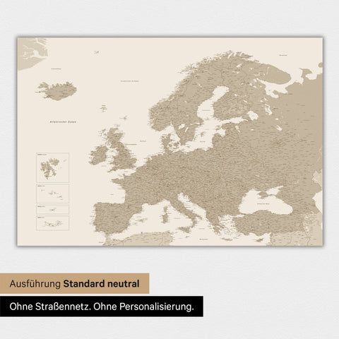 Neutrale und schlichte Ausführung einer Europakarte als Magnet-Poster in Desert Sand (Beige)
