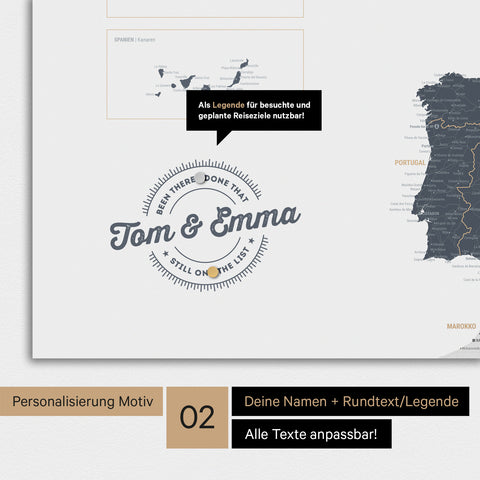 Personalisierte Europakarte als Magnet-Poster in Denim Blue mit rundem Logo, das eine Legende für bereits besuchte Reiseziele beinhaltet