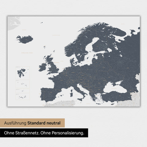 Neutrale und schlichte Ausführung einer Europakarte als Magnet-Poster in Denim Blue