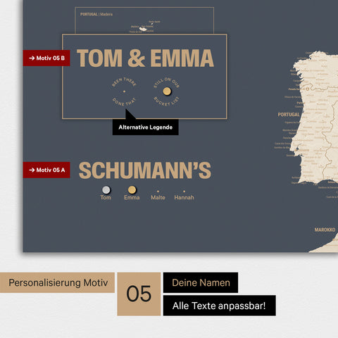 Magnetische Europa-Karte in einem modernen Design in Hale Navy (Dunkelblau-Gold) als Magnet-Poster mit Personalisierung als Logo mit einer Weltkugel