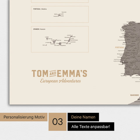 Magnet-Poster Europakarte in Warmgray (Braun-Grau) mit Personalisierung im Vintage-Stil