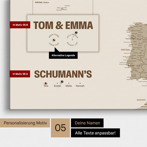 Europa-Karte in einem modernen Design in Desert Sand als Pinn-Leinwand mit Personalisierung als Logo mit einer Weltkugel