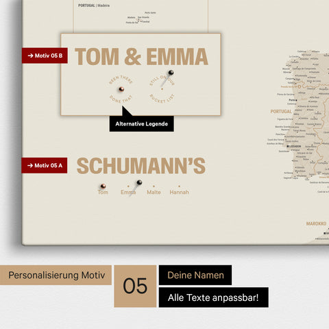 Europa-Karte in einem modernen Design in Gold als Pinn-Leinwand mit Personalisierung als Logo mit einer Weltkugel