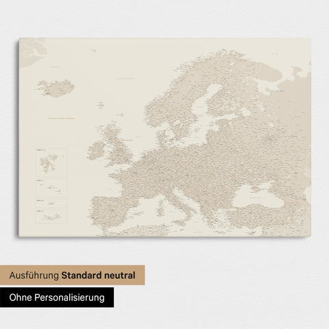 Neutrale Standard Ausführung der detaillierten Europakarte als Pinnwand Leinwand in Gold ohne Personalisierung