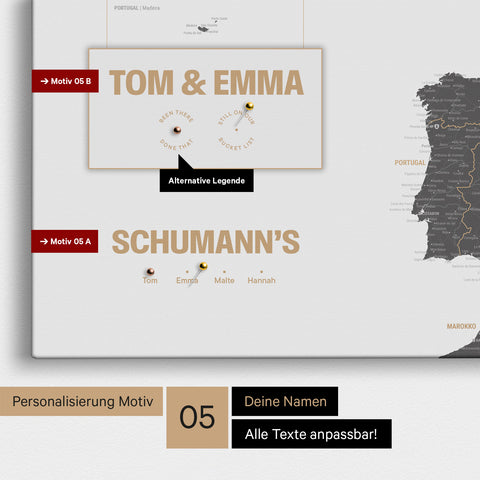 Europa-Karte in einem modernen Design in Light Gray als Pinn-Leinwand mit Personalisierung als Logo mit einer Weltkugel