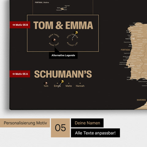 Europa-Karte in einem modernen Design in Treasure Gold als Pinn-Leinwand mit Personalisierung als Logo mit einer Weltkugel