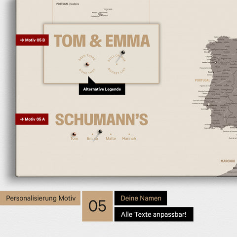 Europa-Karte in einem modernen Design in Warmgray (Braun-Grau) als Pinn-Leinwand mit Personalisierung als Logo mit einer Weltkugel