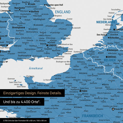 Moderne Europa Landkarte in der Farbe Blau als Poster mit einem Ausschnitt von Italien, Kroatien und Griechenland