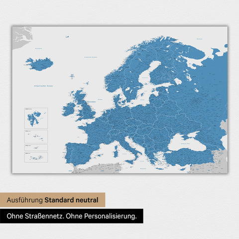 Neutrale Ausführung einer Landkarte von Europa als Poster in der Farbe Blau