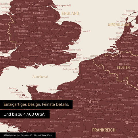 Moderne Europa Landkarte in der Farbe Bordeaux Rot als Poster mit einem Ausschnitt von Italien, Kroatien und Griechenland