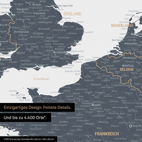 Moderne Europa Landkarte in der Farbe Denim Blue als Poster mit einem Ausschnitt von Italien, Kroatien und Griechenland