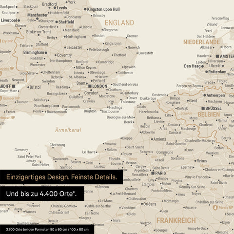 Moderne Europa Landkarte in der Farbe Gold als Poster mit einem Ausschnitt von Italien, Kroatien und Griechenland