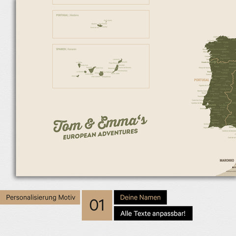 Europa Karte als Poster in Grün mit Personalisierung und Namen in einer modernen Schreibschrift