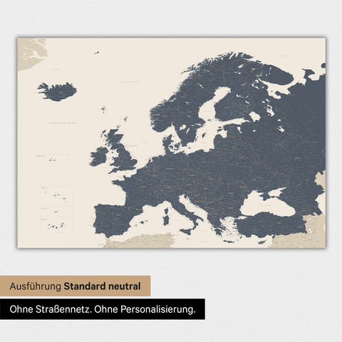 Neutrale Ausführung einer Landkarte von Europa als Poster in der Farbe Navy Light