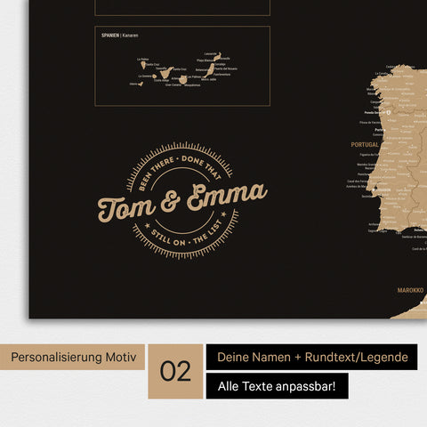 Landkarte von Europa als Poster in Sonar Black (Schwarz-Gold) mit Personalisierung als rundes Logo, das eine Legende für bereits besuchte Reiseziele im Rundtext beinhaltet