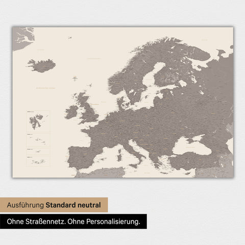 Neutrale Ausführung einer Landkarte von Europa als Poster in der Farbe Warmgray (Braun-Grau)