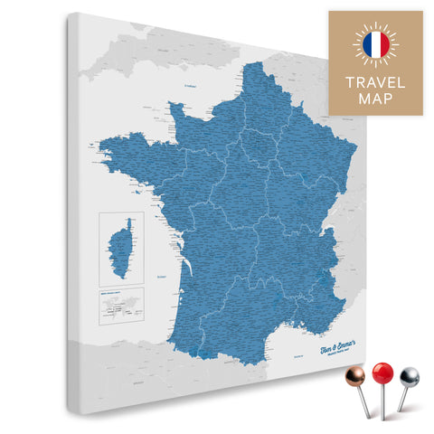 Frankreich-Landkarte in der Farbe Blau in einem modernen, minimalistischem Design als Leinwand zum Pinnen von Reisen und Orten
