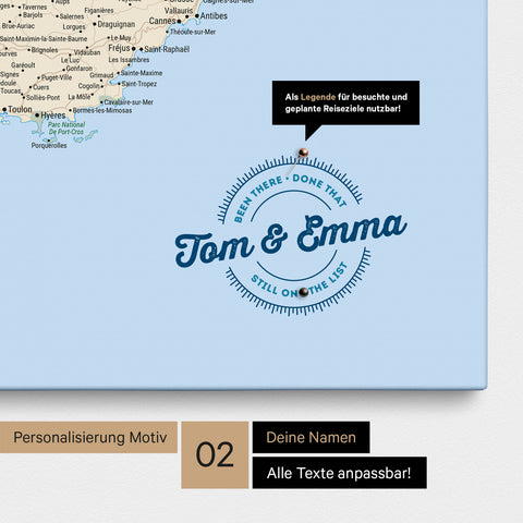Frankreich-Karte Pinn-Leinwand in Multicolor Classic mit Personalisierung als rundes Logo, das eine Legende für bereits besuchte Reiseziele im Rundtext beinhaltet