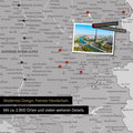 Frankreich Landkarte in Multicolor Grau als Leinwand zum Pinnen zeigt einen Ausschnitt von Auvergne-Rhone-Alpen mit vielen Details wie Nationalparks, Flüssen und zahlreichen kleinen Orten und Städten, die teilweise mit Pins markiert sind