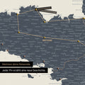 Moderne Frankreich Landkarte in der Farbe Navy Light als Pinn-Leinwand zeigt einen Ausschnitt der Bretagne, in der bereits besuchte Reiseziele durch Pins markiert sind 