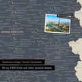 Frankreich Landkarte in Navy Light als Leinwand zum Pinnen zeigt einen Ausschnitt von Auvergne-Rhone-Alpen mit vielen Details wie Nationalparks, Flüssen und zahlreichen kleinen Orten und Städten, die teilweise mit Pins markiert sind