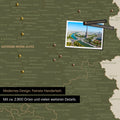Frankreich Landkarte in Grün als Leinwand zum Pinnen zeigt einen Ausschnitt von Auvergne-Rhone-Alpen mit vielen Details wie Nationalparks, Flüssen und zahlreichen kleinen Orten und Städten, die teilweise mit Pins markiert sind