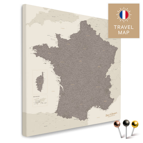 Frankreich-Landkarte in der Farbe Warmgray in einem modernen, minimalistischem Design als Leinwand zum Pinnen von Reisen und Orten